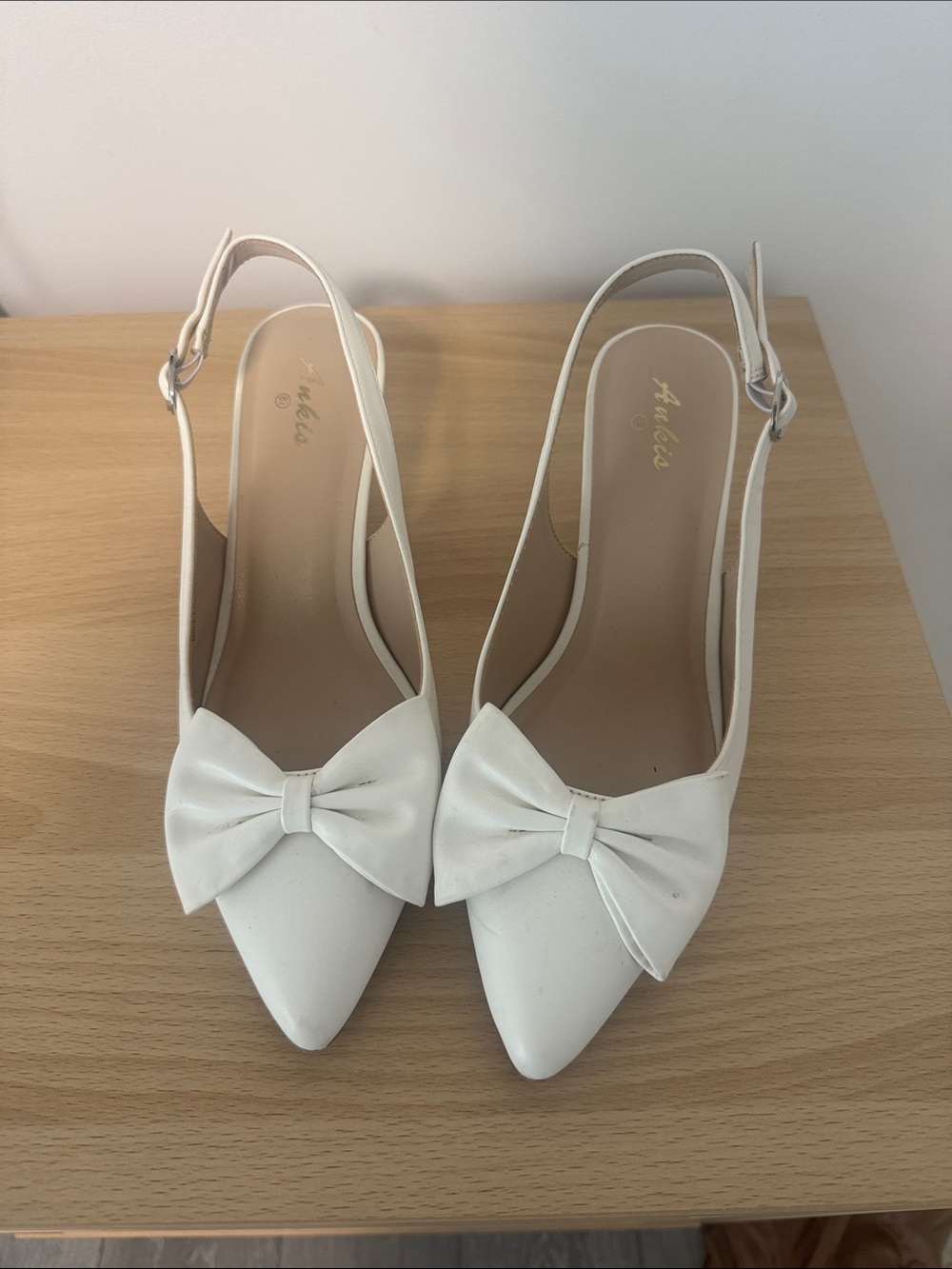 Ankle-Strap White Bow Pointed-Toe Women's Kitten Heel